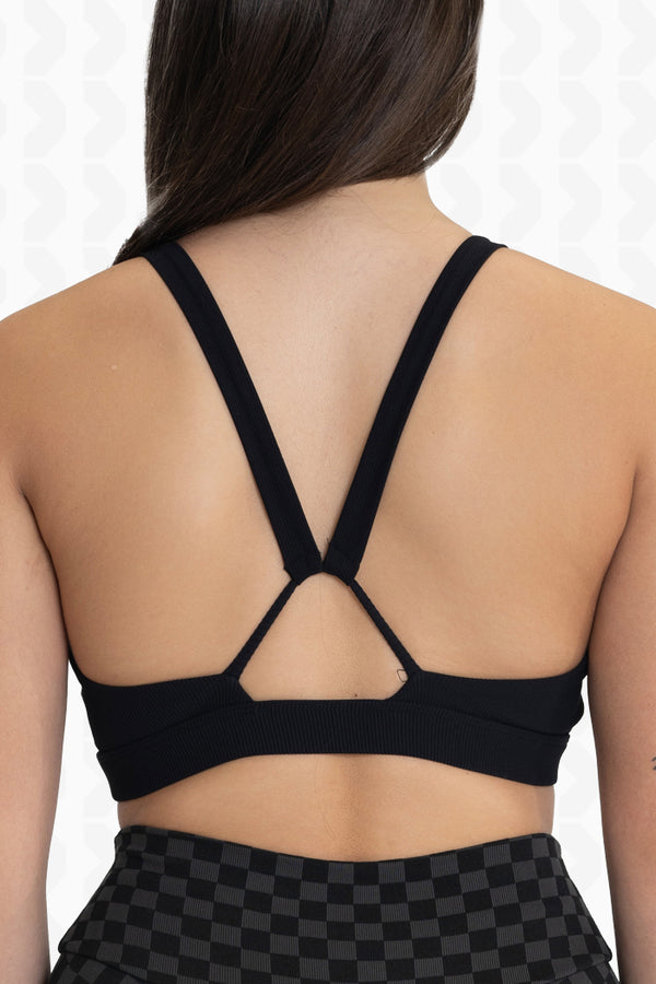 Black Ribbed Stylish Back Design Bra - Back